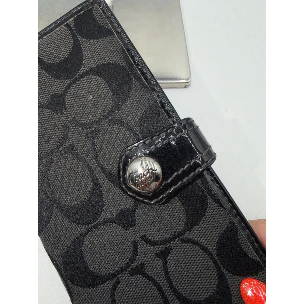 Coach Signature Jacquard Slim Bifold Wallet Black Patent Trim Snap Closure